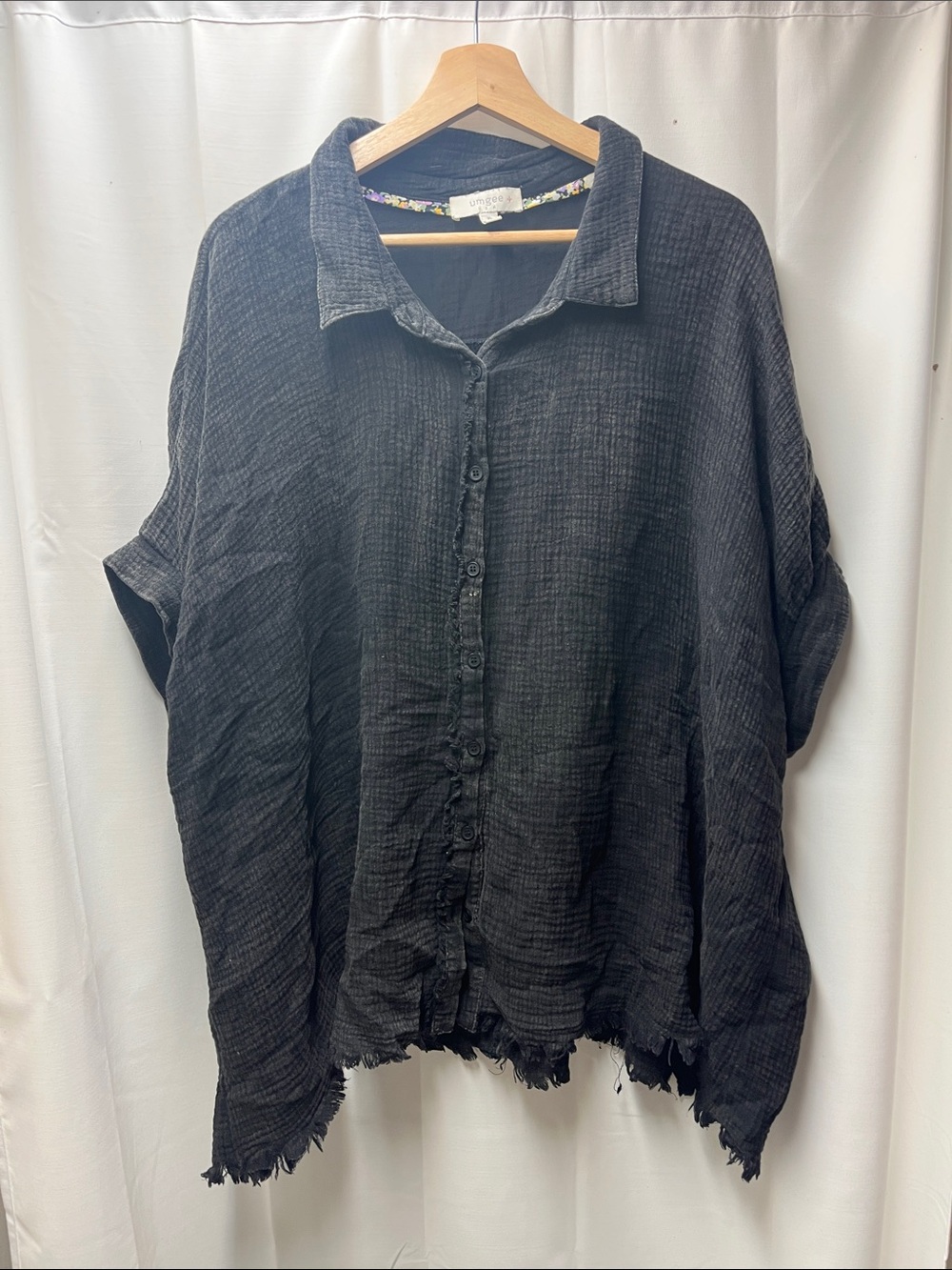 Umgee Black Gray Gauze Dolman Button Down Distressed Boxy Boho Shirt- XL